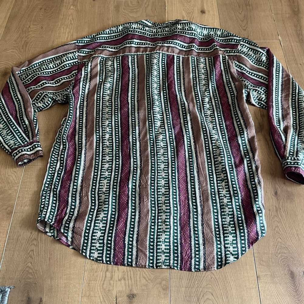 Henry Design 100% Silk Vintage Striped Dress Shirt Large Green Brown Red L Shirt - Picture 4 of 5